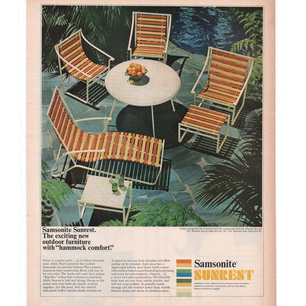Samsonite Sunrest Outdoor Furniture Magazine Advertisement 1960s Vtg Barbecue